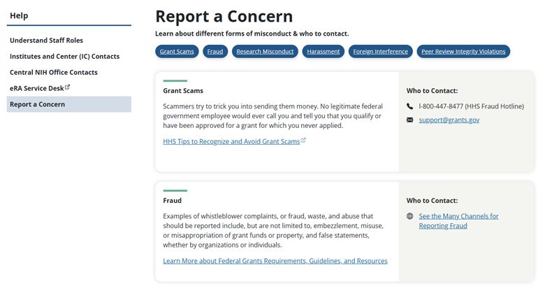NIH "Report a Concern" link for misconduct. https://grants.nih.gov/help/report-a-concern