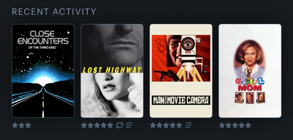 My last four movies logged on Letterboxd:
-Close Encounters of the Third Kind (Spielberg, 1977)
-Lost Highway (Lynch, 1997)
-Man with a Movie Camera (Vertov, 1929)
-Serial Mom (Waters, 1994)