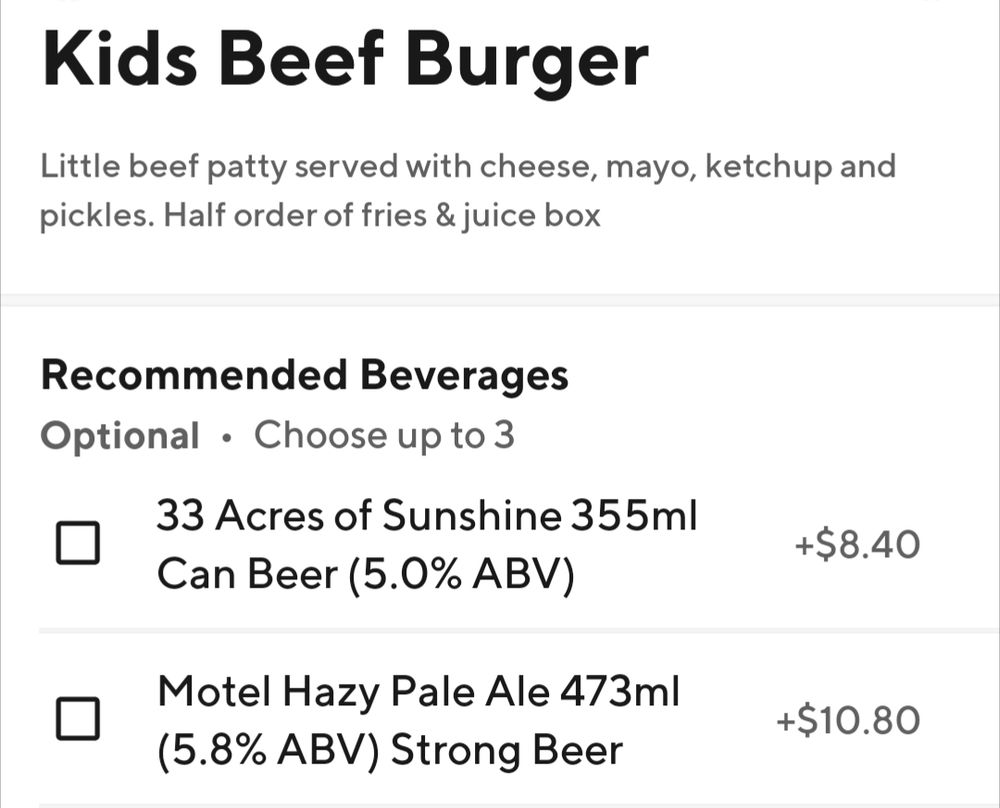 An order page for a kids burger, recommending beer as a beverage