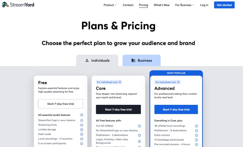 plans page of streamyard which only shows "start 7 day free trial"