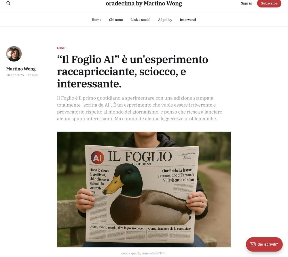 screenshot of the oradecima.com blog showing the title: “Il Foglio AI” è un'esperimento raccapricciante, sciocco, e interessante.