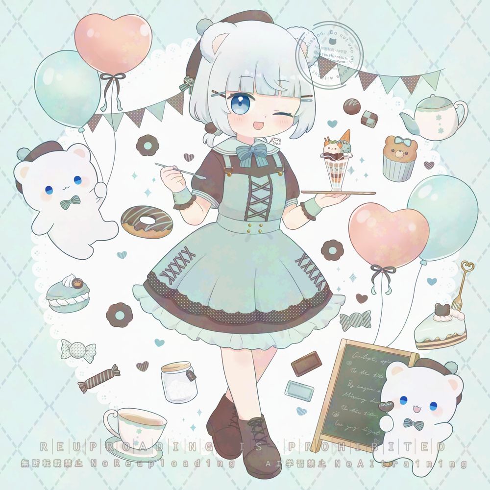 夏白はるの看板キャラ「シロちゃん」のチョコミント衣装のイラスト