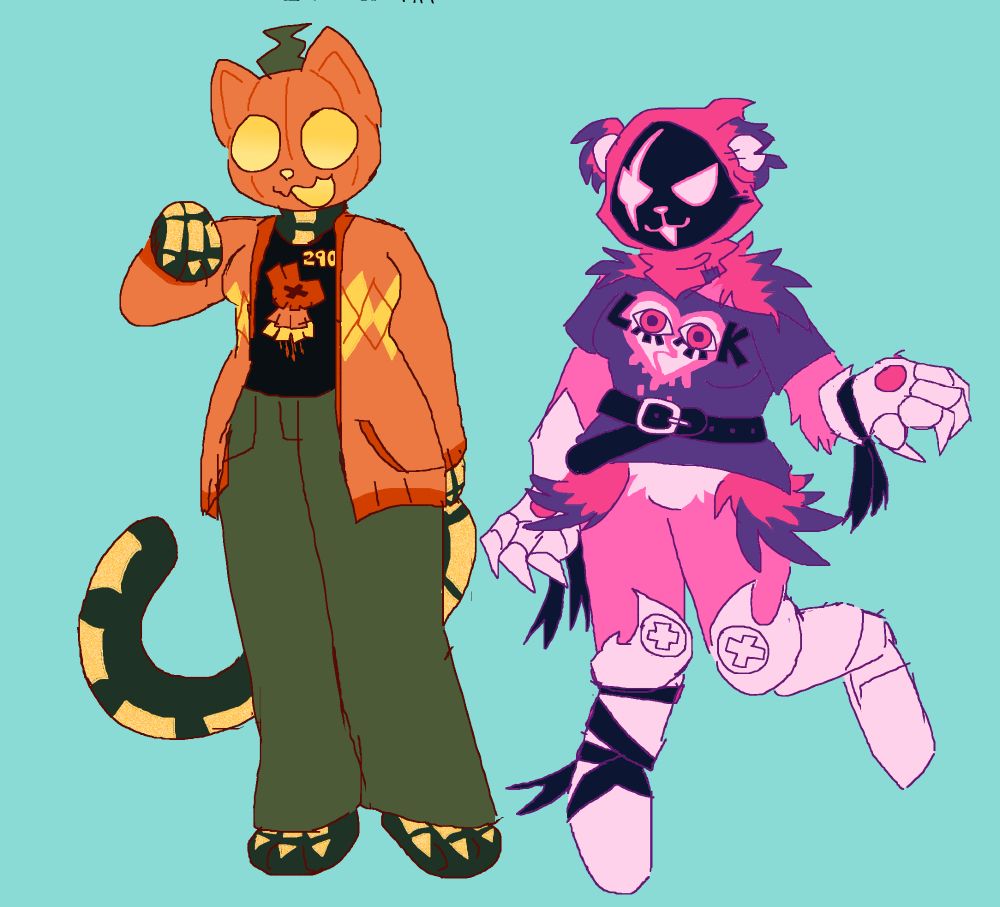 a digital illustration of the fortnite skins Spice and Raven Team Leader. they are dressed up in different outfits from their in-game designs, Spice wearing an orange cardigan over a graphic t-shirt of an orange loot llama, and Raven Team Leader wearing a purple t-shirt with the word 'LOOK' over a broken heart. The 'O's in LOOK are replaced with eyes.