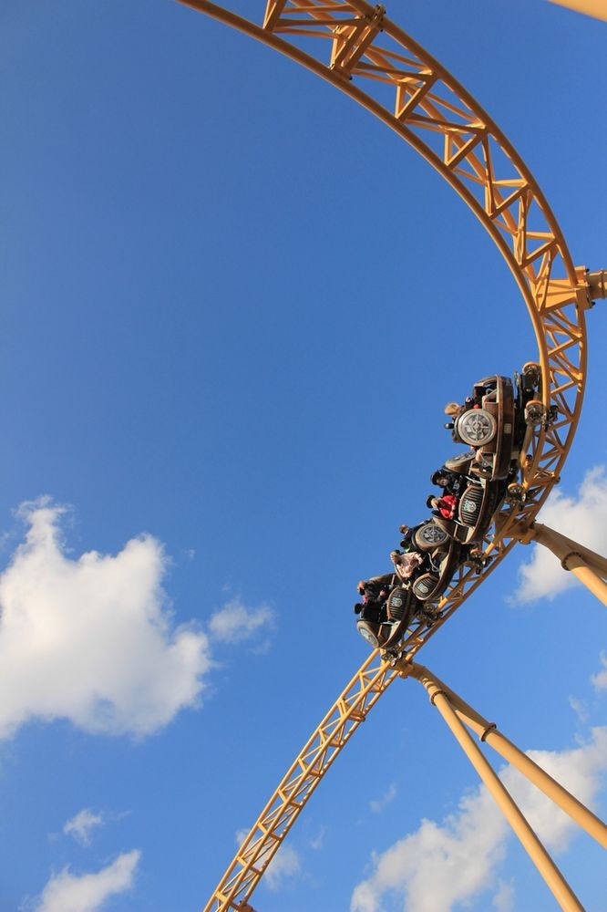 Storm Chaser rollercoaster at Paultons Park in blue skies. Image by Jason Bush, RideRater Photographer of the Year 2024.