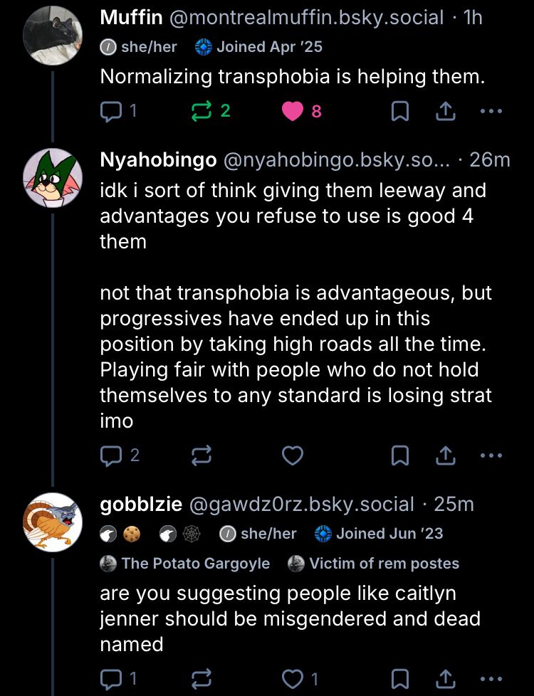 Muffin: Normalizing transphobia is helping them.

Nyahobingo: idk i sort of think giving them leeway and advantages you refuse to use is good 4 them

not that transphobia is advantageous, but progressives have ended up in this position by taking high roads all the time.
Playing fair with people who do not hold themselves to any standard is losing strat imo

gobblzie: are you suggesting people like caitlyn jenner should be misgendered and dead named
