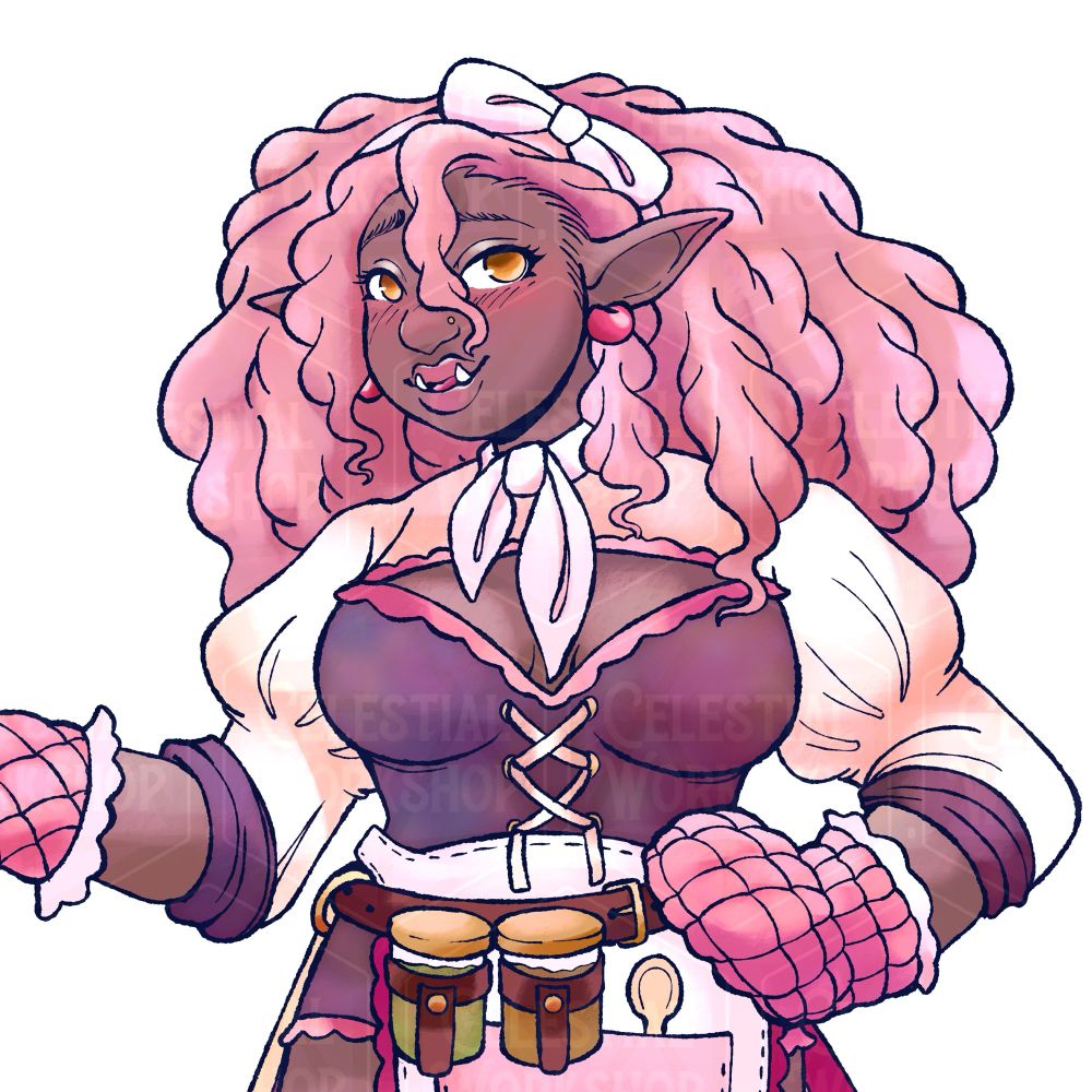 a dark skinned orc with pink hair. she’s got a bow in her hair, a scarf around her neck, a corset top with long puffy sleeves, and oven mitts on her hands. she has an apron on with a belt with spices on it around her middle