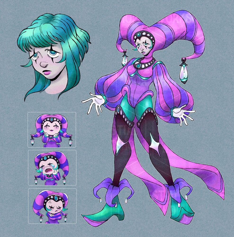 dnd adoptable! on the top left there is a pale, blue haired person with a bobbed cut, with short bangs and longer side pieces. they have blue eyes matching their hair, clown like black marking across their eyes, and a pink bottom lip.

to the right is the same character but with a pink, blue and purple body suit. they have a twin tailed hat that curves inward with jewelry attached at the ends. framing their head is the hat, with a jeweld head piece around it. a similar jeweled piece is around their neck. they have big puffy striped sleeves, blue tights, long dark boots that that iridescent star shapes on the knees, and purple, blue and pink pointed shoes.

the last thing is 3 emotes showing the character in chibi form happy, sad, and mad. 