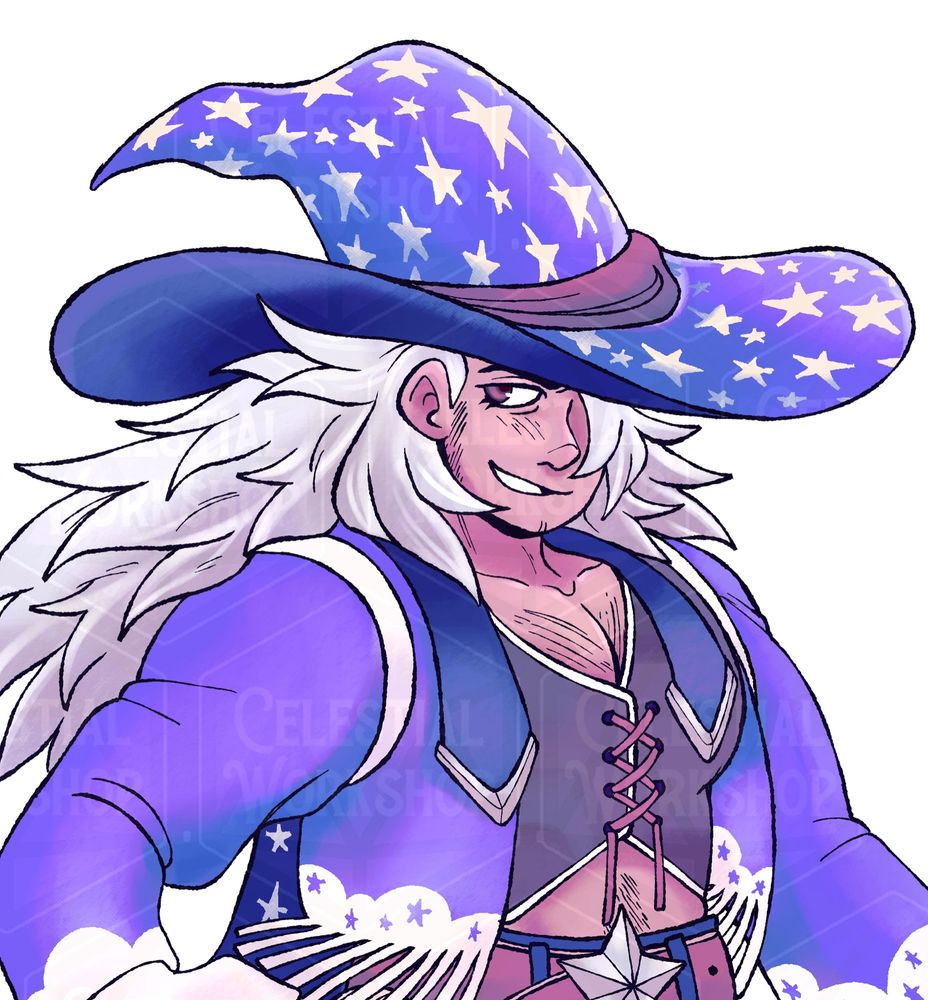 drawing of an older looking masculine person with tan skin, long bushy grey hair, and a rodeo inspired indigo outfit 
