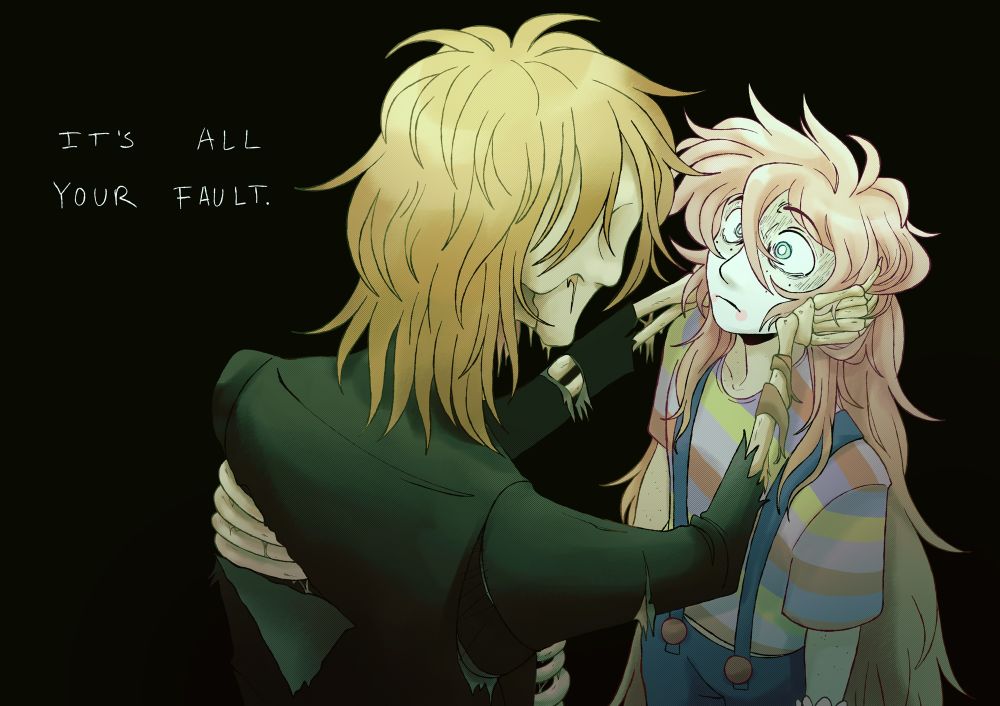 image of a decaying version of Oliver holding onto Chuckster’s face, saying “It’s all your fault.”
