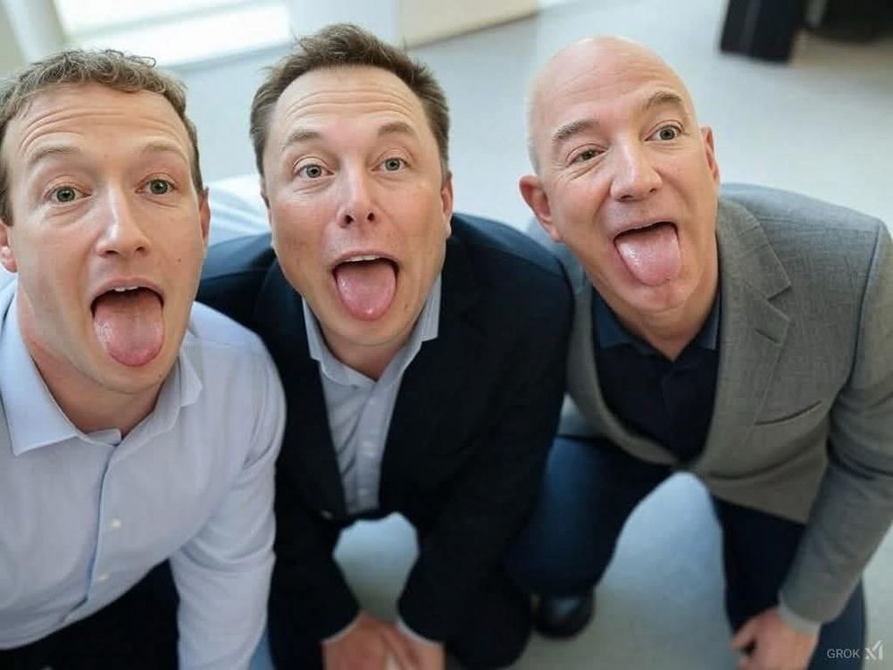 Photo of Mark Zuckerberg, Elon Musk, and Jeff Bexos squatting down and looking up at the camera with their mouths open and tongues hanging out.