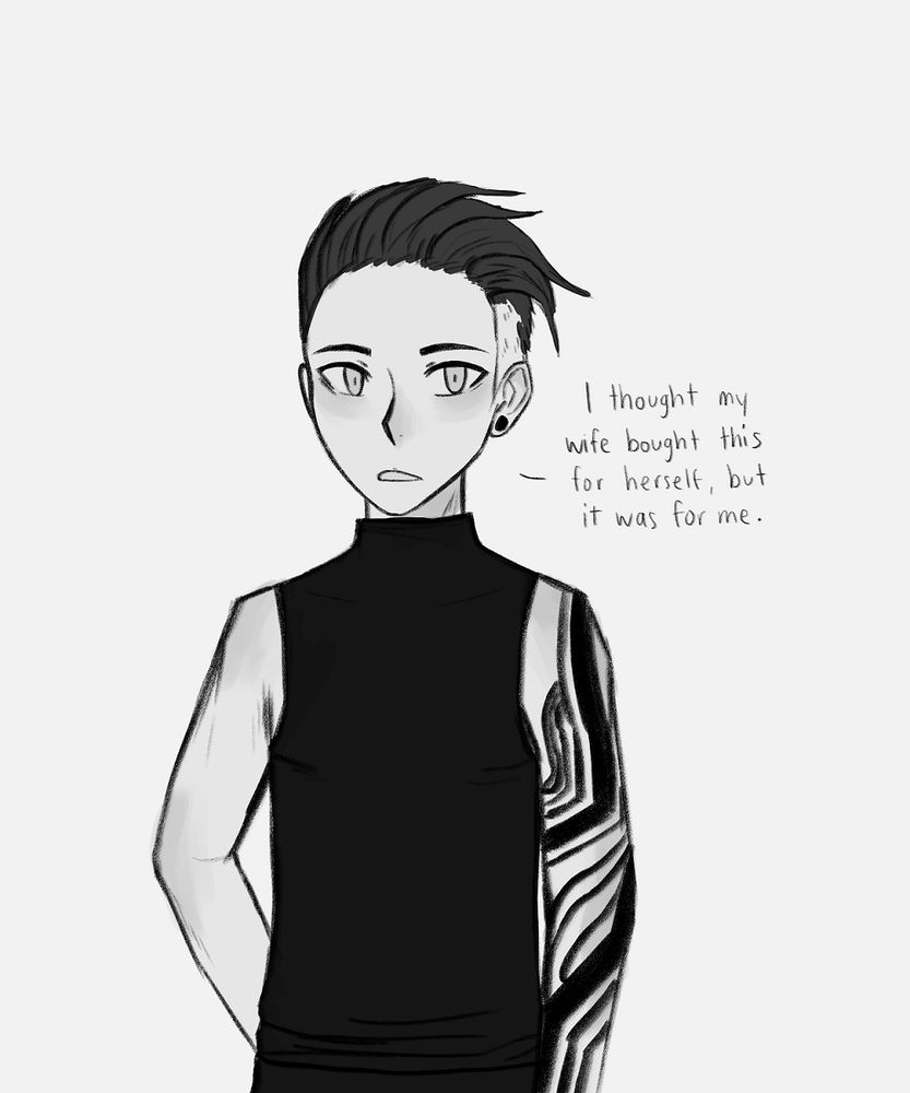 Art of Ellis wearing a black sleeveless turtleneck.