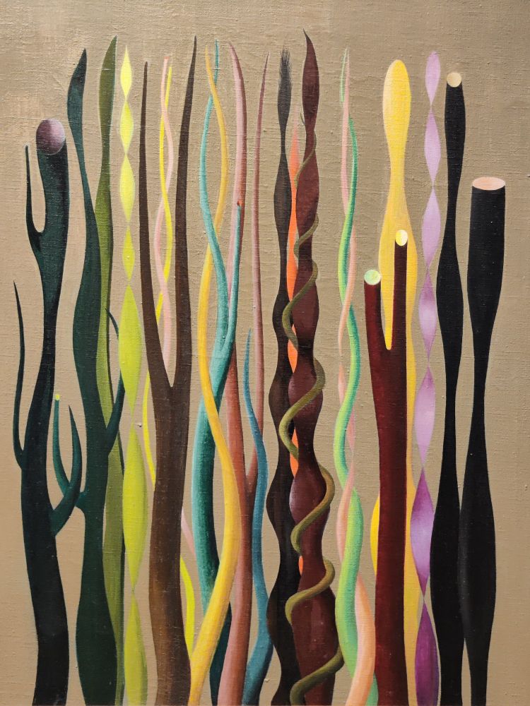 Vibrant coloured lines reach upwards in this painting by Paule Vézelay