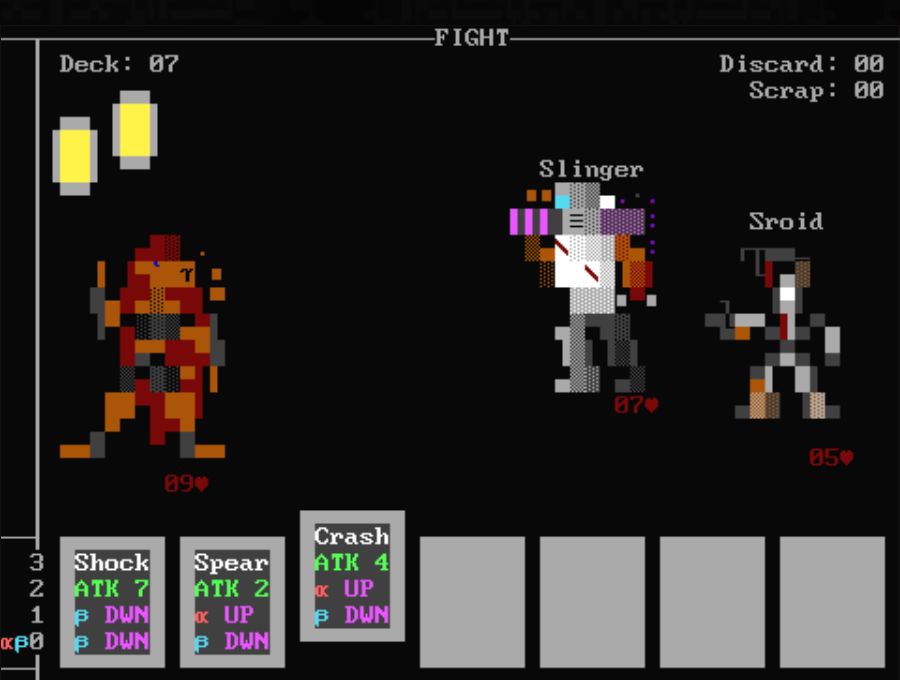 On the left, a kangaroo with floor-length red hair brandishes a pair of truncheons at two robots named "Slinger" and "Zroid" on the right. A row of cards at the bottom includes the "Crash" attack, which is currently highlighted in preparation of its being played. 
