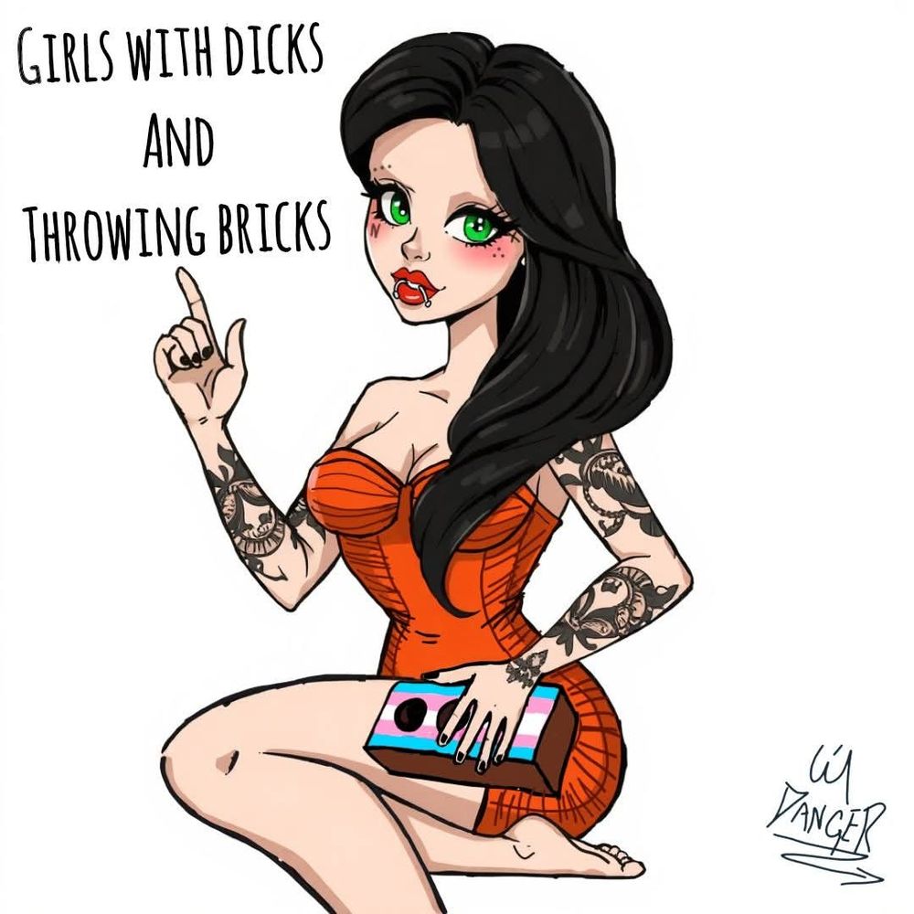 A cartoon woman holding a brick painted in the colours of the trans flag. The caption reads "girls with dicks and throwing bricks"