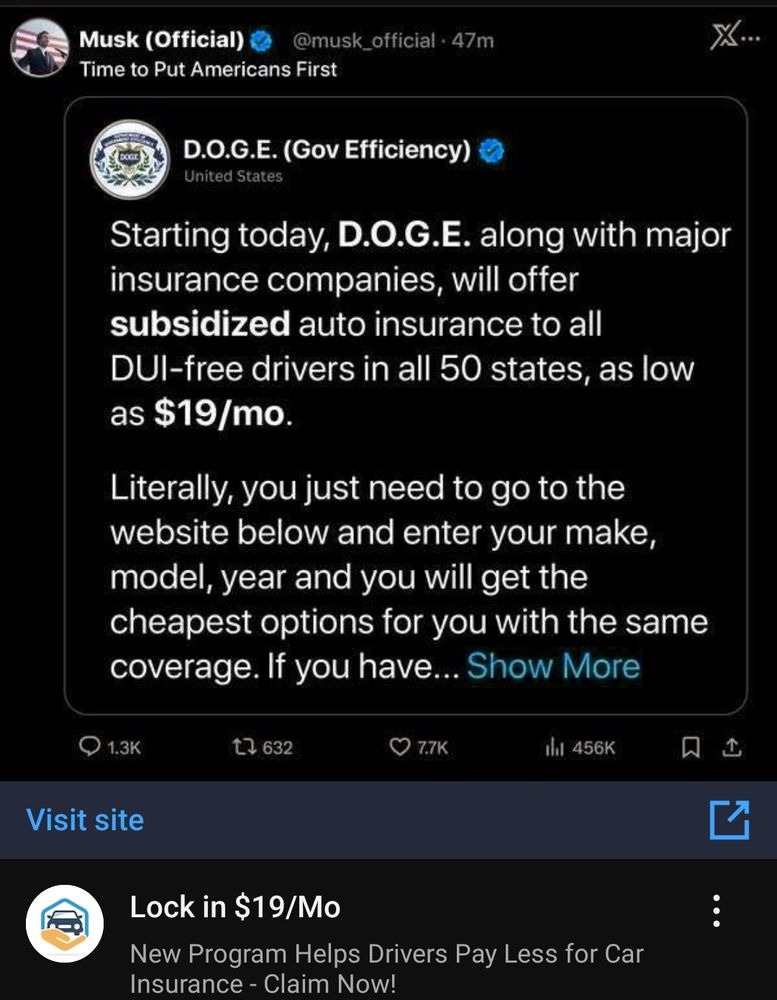 YouTube ad for an insurance scam using a fake screenshot of an Elon musk tweet