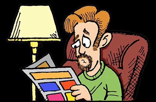 Cartoon caricature of Josh Fruhlinger, sadly reading a comics page
