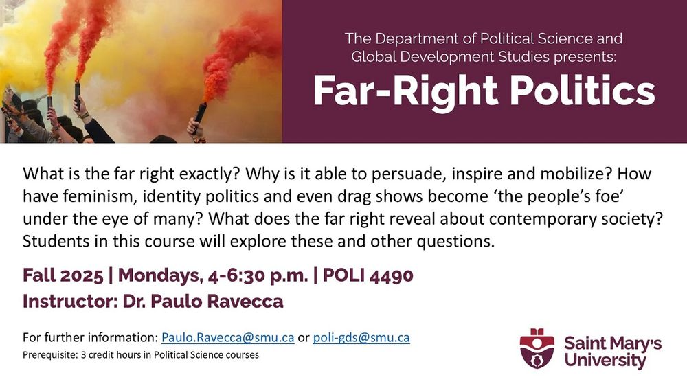 A course poster, with an image showing people at a protest.
Prerequisite: 3 credit hours in Political Science courses. 
For more info, contact: Paulo.Ravecca@smu.ca or poli-gds@smu.ca.