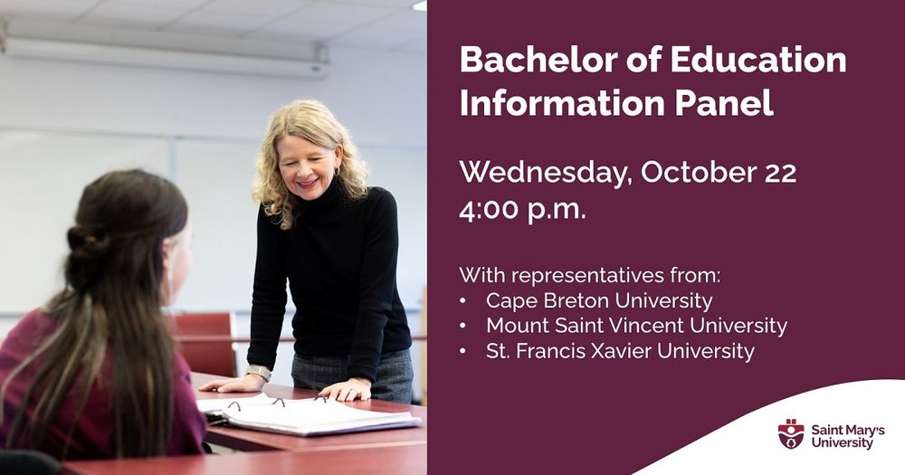 An event poster with a photo of a teacher speaking with a student in a classroom.