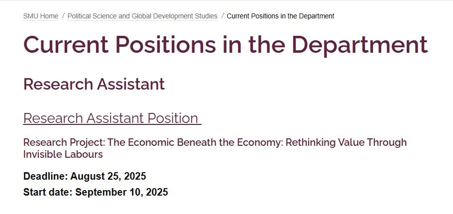 A screen shot of the department's website, showing the Call for Applications. 

Text: 
Current Positions in the Department 
Research Assistant Position
Research Project: The Economic Beneath the Economy: Rethinking Value Through Invisible Labours 
Deadline: August 25, 2025
Start date: September 10, 2025
