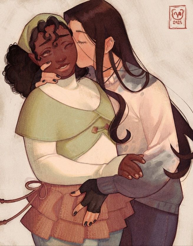 On the left is a dark skinned girl wearing a green bandana, being held by their partner who has long hair and is wearing a sweater. Their nails are painted black, and they're wearing fingerless gloves. The background is a simple off-white.