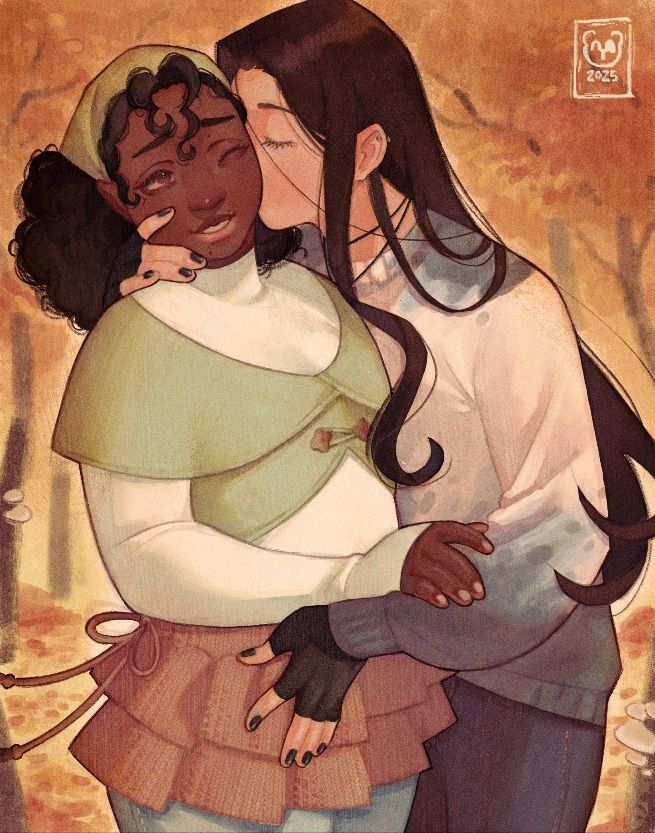 On the left is a dark skinned girl wearing a green bandana, being held by their partner who has long hair and is wearing a sweater. Their nails are painted black, and they're wearing fingerless gloves. The background is orange and red to show that it's fall, there are leaves on the ground and trees behind the couple.