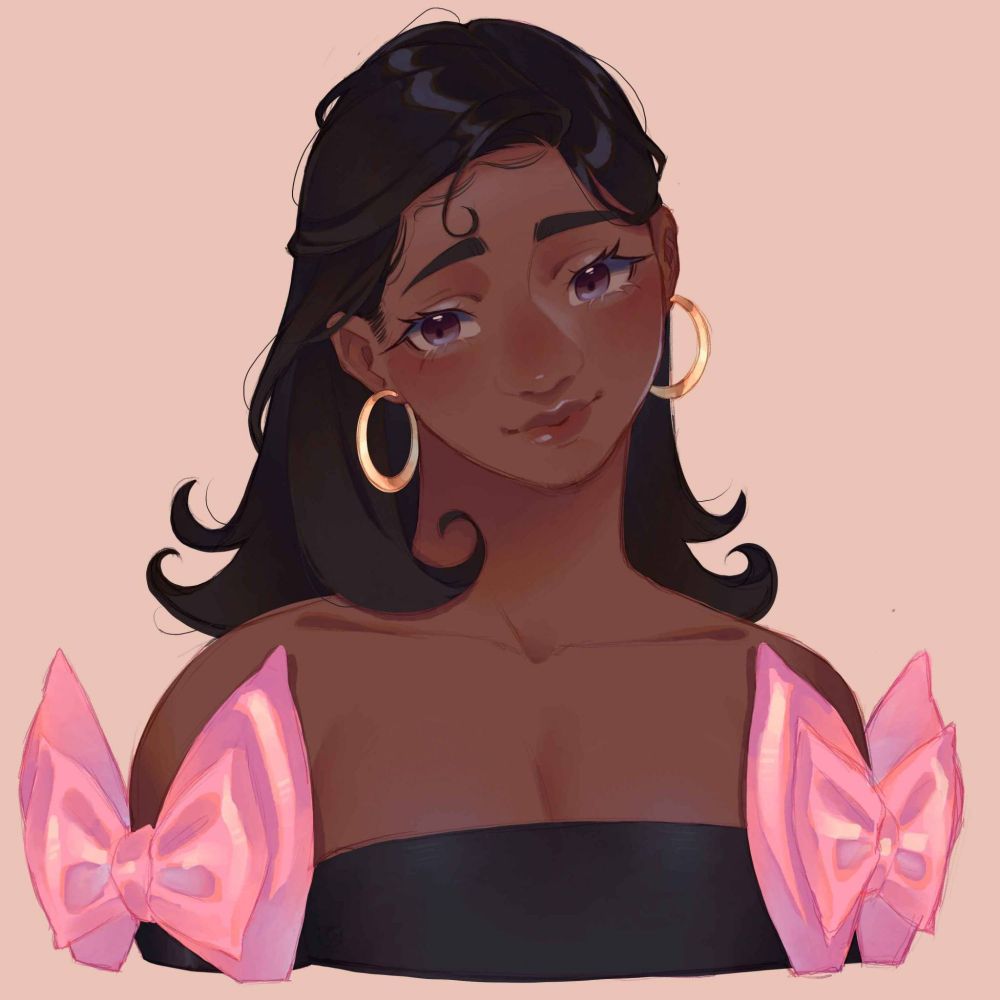 Girl with gold hoop earrings wearing a dress that has big pink bows on each arm.