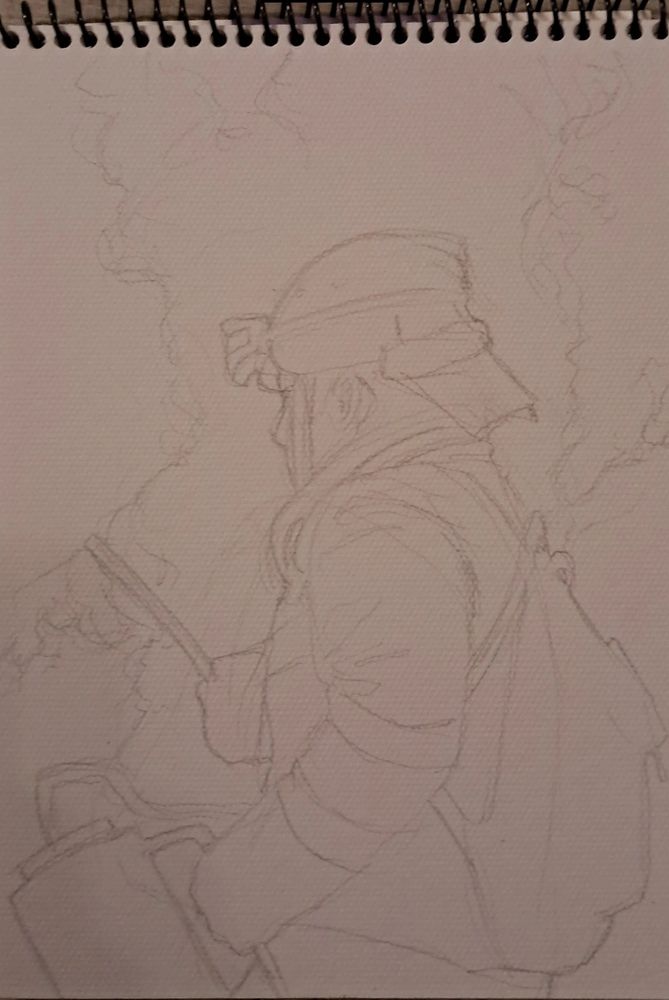 Sketch de un bombero de lado con llamas al fondo