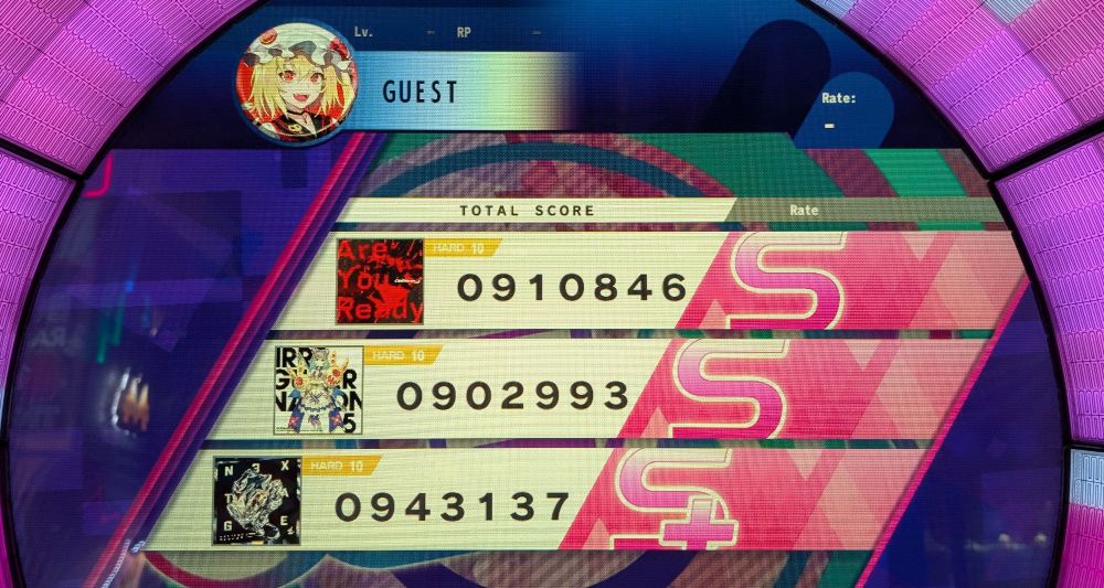 Score screen for Wacca, with 3 difficulty 10 songs that have scores of S or S plus.