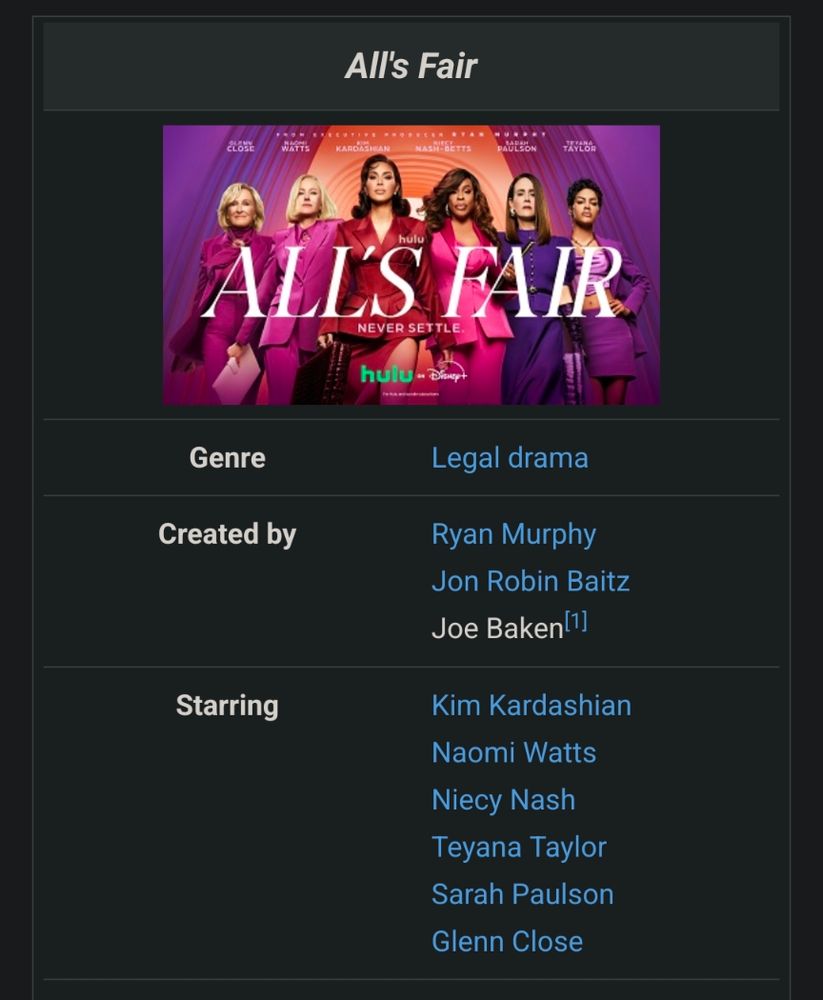 Screenshot of part of the shoes Wikipedia page. 
All's Fair

Poster of the show depicting the cast all dressed in shades of pink,red and purple 


Genre
	Legal drama
Created by
	Ryan Murphy
 Jon Robin Baitz
 Joe Baken


Starring
	  Kim Kardashian
    Naomi Watts
    Niecy Nash
    Teyana Taylor
    Sarah Paulson
    Glenn Close

