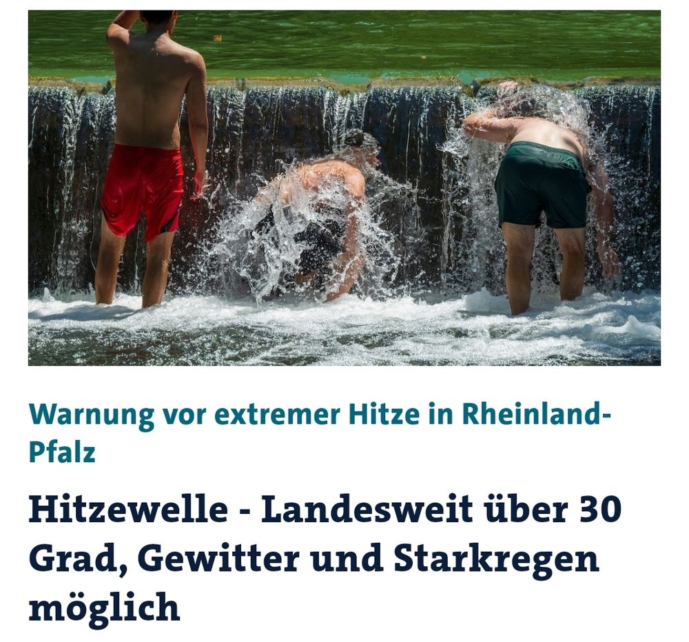 Bild zeigt die Berichterstattung des SWR. Über der Überschrift "Warnung vor extremer Hitze" werden Jungen gezeigt, die vergnügt im Wasser planschen.