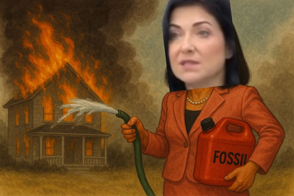 Bild zeigt Katherina Reiche von Eon beim Löschen eines brennenden Hauses mit fossilem Brennstoff.