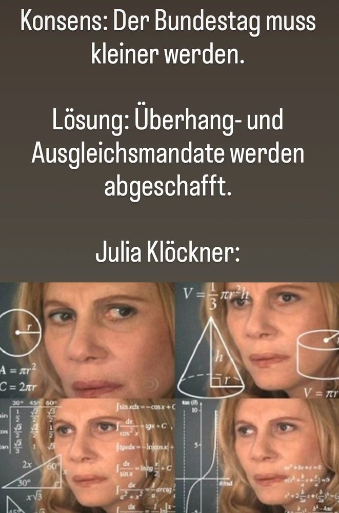 Das Bild zeigt ein bekanntes Meme, in dem eine Frau im Kopf Formeln berechnet. Bildüberschrift: Konsens - Der Bundestag muss kleiner werden. Lösung - Überhang- und Ausgleichsmandate werden abgeschafft. Julia Klöckner (Doppelpunkt). 