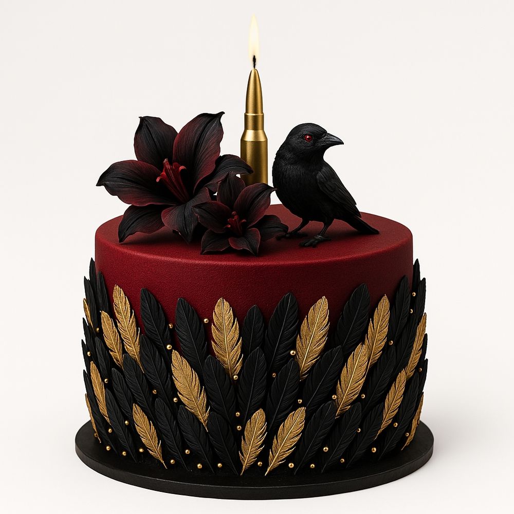 A red and black birthday cake decorated with gold and black feathers on the sides. On top are two black and red datura flowers, a black crow with red eyes and a bullet shaped burning candle. 
