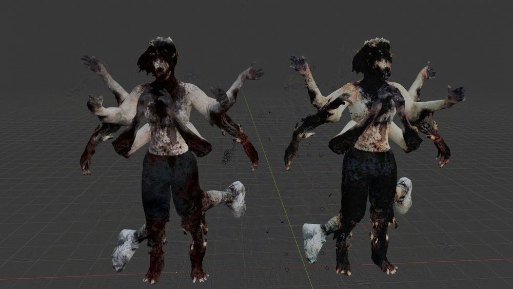 3D models of two copies of the same zombie girl with terrible gory mutations. She is full of blood, her face is ripped off to reveal a wolf skull, and bloody mutated limbs come out of her knees and elbows.