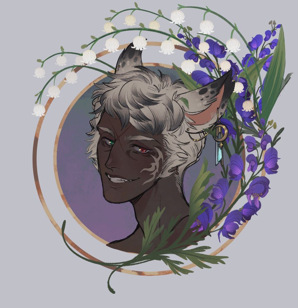 A miqo'te Keeper headshot with white hair and spotted ears. Surrounded by lily of the valley and wolf's bane flowers.