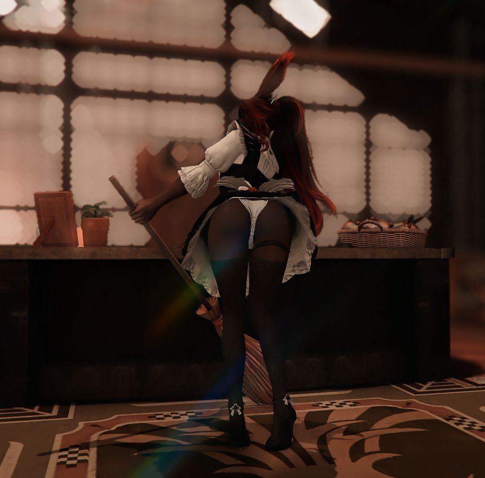 A very saucy red headed viera wearing a tiny maid dress and holding a broom, it's pictured from behind so that when they bend over their skirt flips up to show a nice ass and thigh-high stockings.