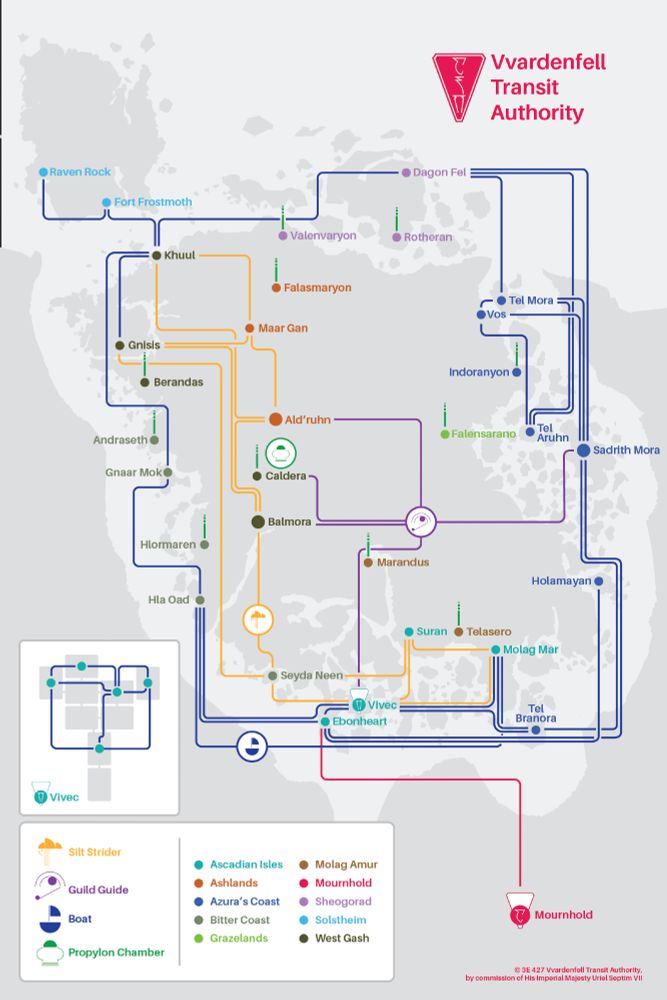 a London Tube Map-style map of Vvardenfell and Morrowind Province from the game The Elder Scrolls III: Morrowind. a red logo at the top with the symbols of ALMSIVI reads Vvardenfell Transit Authority. each fast travel location in the game is indicated on the map and coloured lines indicating the type of travel connect these points: yellow lines indicated silt strider routes, blue lines indicate boats, purple lines indicate Mages' Guild teleportation, and green pips above Dunmer strongholds indicate Propylon Chamber teleportation. an inset highlights the boat connections between Vivec's cantons. a legend provides the colour scheming for the four types of transport and colour-coded regions of Vvardenfell. the whole thing is a ridiculous faff