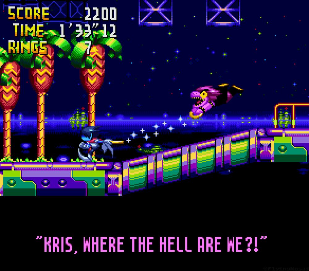 Kris and Susie from Deltarune (A blue-hued human and a magenta reptilian monster respectively) running through Marina Madness Zone from Knuckles Chaotix at night.
Kris and Susie are each holding a Combi-Ring, with the former dragging a flailing Susie behind them.  She's screaming, "KRIS, WHERE THE HELL ARE WE?!"