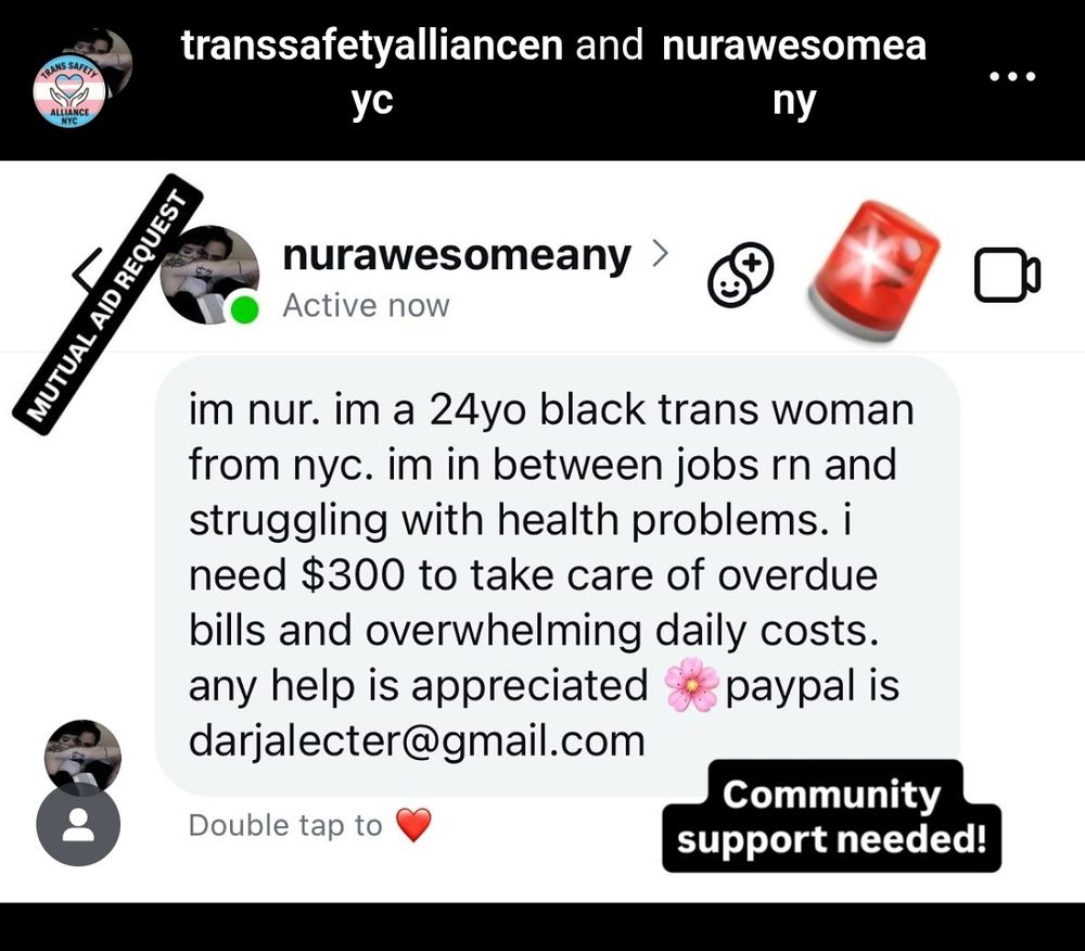 Post from Instagram @nurawesomeany text "im nur. Im a 24 yo black trans woman from NYc im between jobs tn and struggling with health problems. I need $300 to take care of overdue bills and daily costs. Any help us appreciated" followed by the PayPal address
