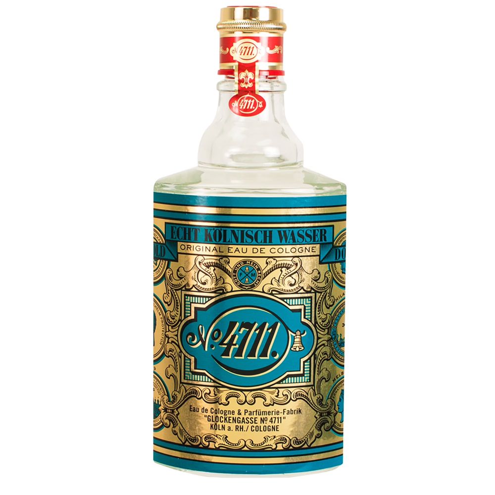 A bottle of 4711 eau de cologne. The bottle has a shape like a liqueur bottle, with a gold cap sealed with a red tab bearing the name of the fragrance. The label is turquoise and gold, with ornate organic decorations. Text: "Echt Kölnisch Wasser Original Eau de Cologne -number 4711."
