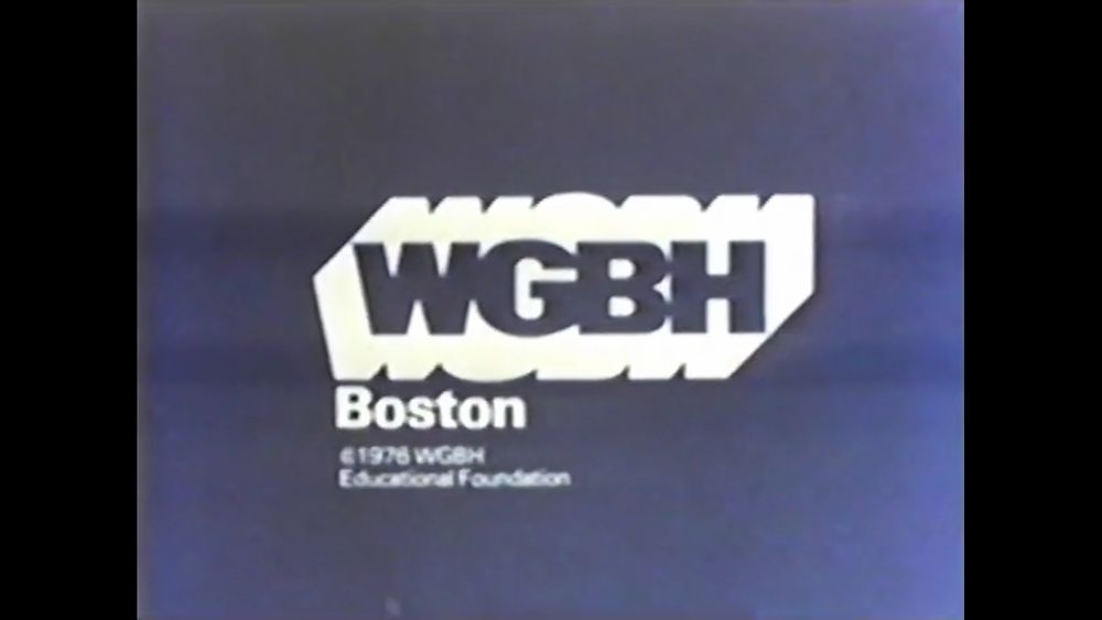 A black and white screenshot of a VHS tape. It depicts the WGBH Boston public television channel's logo: block letters surrounded by a 3D white outline, with the words "copyright 1976 WGBH Educational Foundation" below. 