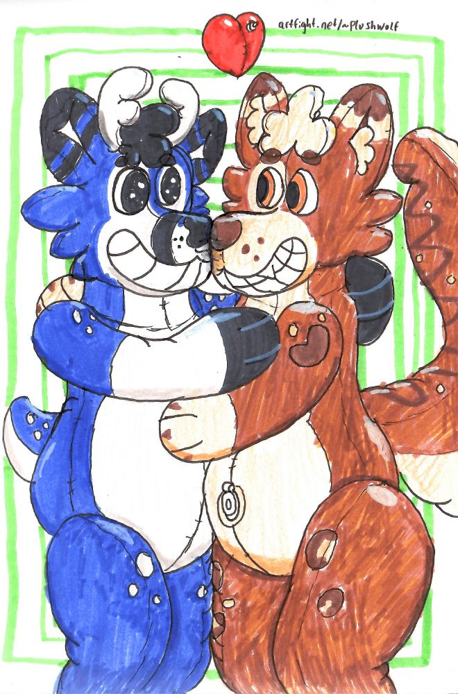 a traditional drawing of Pacsbs' pooltoy deer character Rayne and pooltoy dog character S'mores hugging each other