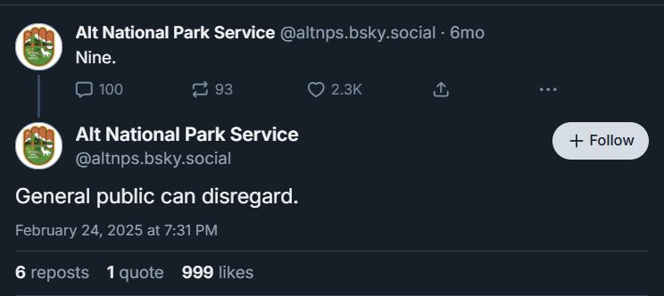 two posts from the Alt National Park Service account that say "nine" and then "General public can disregard"