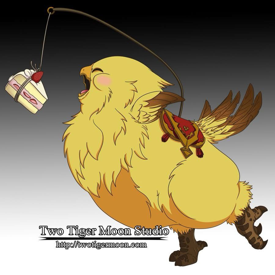 Fat Chocobo being motivated to move with a piece of strawberry cream cake