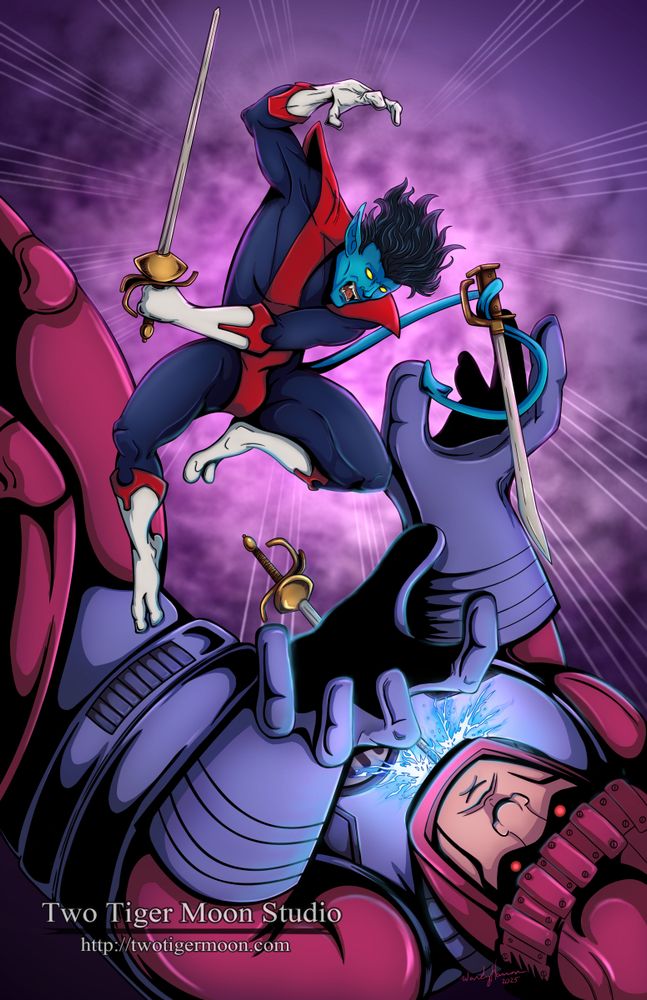 X-Men '97 Nightcrawler taking on a Sentinel with his three swords. 