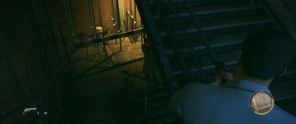 マフィアII　ゲーム画面（照準さえ合っていれば射線が通ってなくても命中する仕様。）