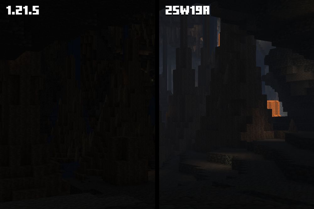 A screenshot showing a side-by-side comparison of Minecraft before and after the 25w19a fog change. This one highlights a dripstone cave.