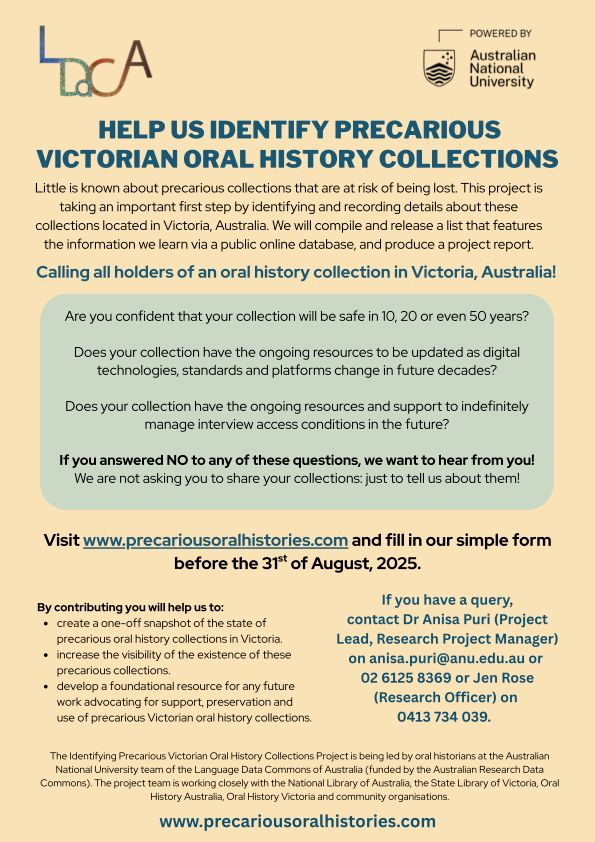 Image of a flyer introducing the Identifying Precarious Victorian Oral History Collections Project