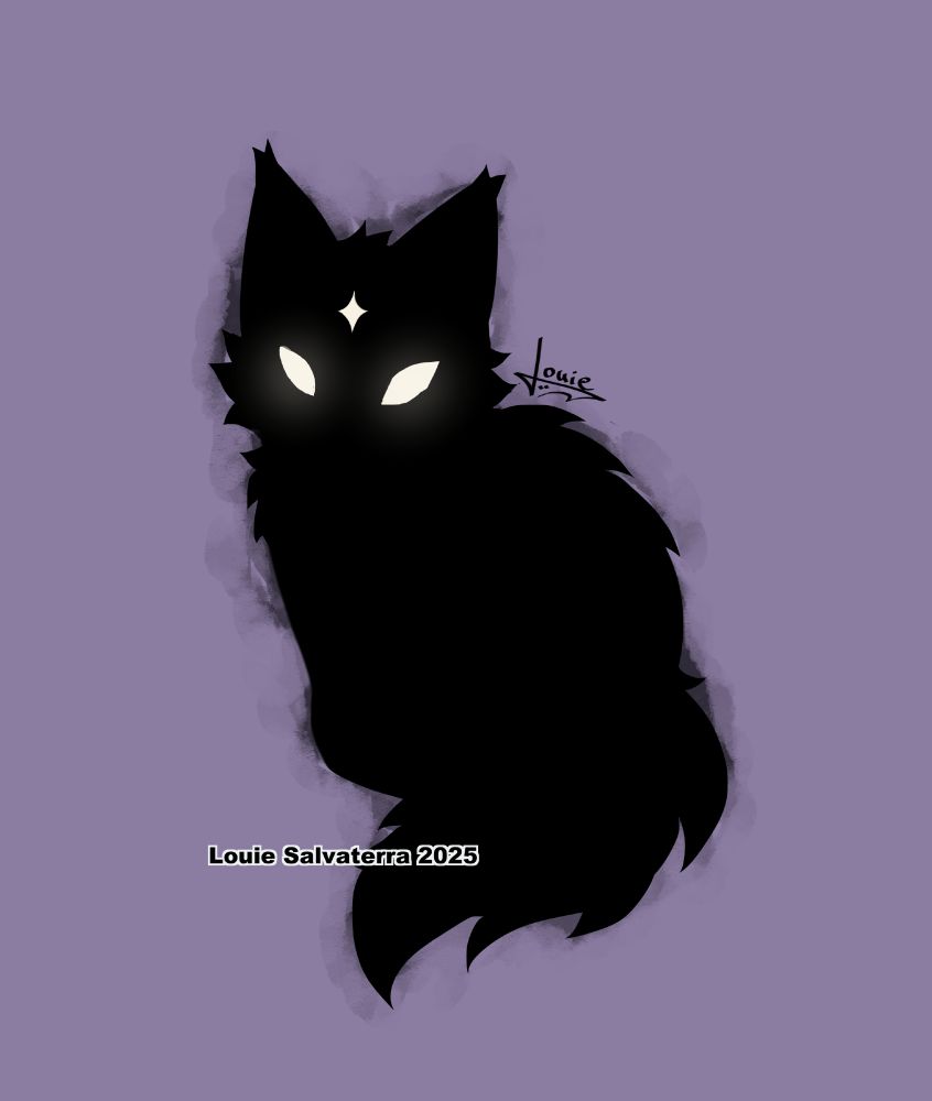 illustration of a black cat with white eyes and a white star on its forehead