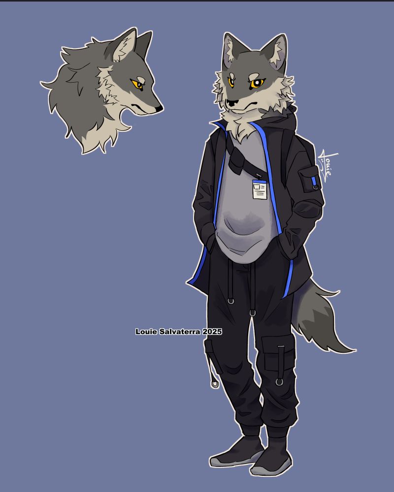 grey wolf commission, zombie apocalypse survivor with cool techwear clothing.